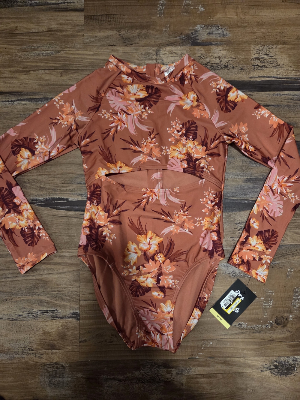 Kids Long Sleeve Floral Rash Guard Swimsuit - Rust Pink